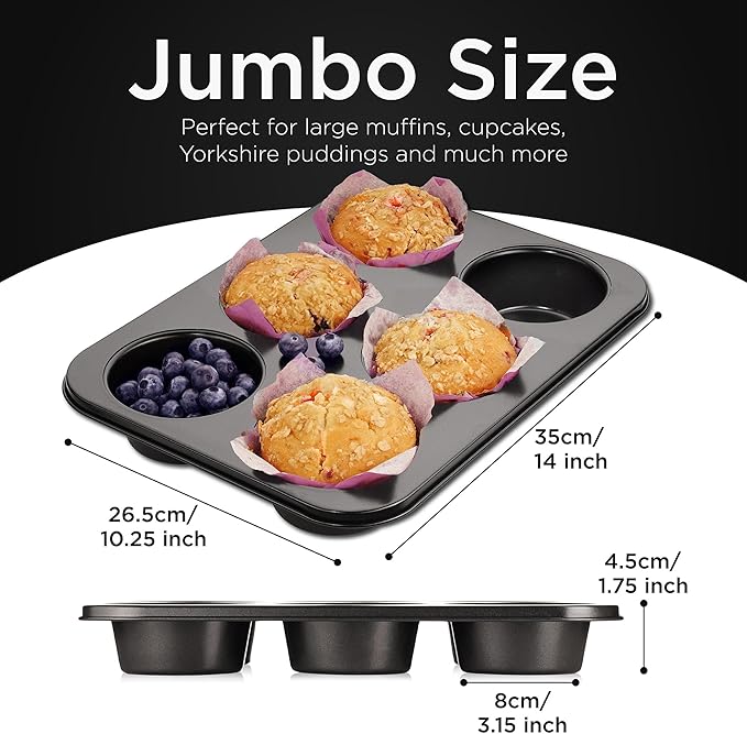 Wrenbury Jumbo Muffin Pan 6 Cup - Nonstick XL Deep Muffin Pan for Baking 3.75" Cup - Big Cup Tin - Oversized Extra Large Cupcake Mold - Dishwasher Safe - PTFE Free