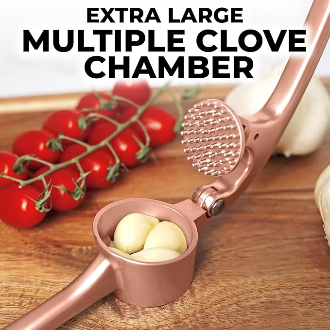 Zulay Kitchen Large Premium Garlic Press Set - Bigger Bowl for Bigger Garlic - Rust Proof & Dishwasher Safe Garlic Mincer Tool - Easy-Squeeze, Easy-Clean Silicone Garlic Peeler & Brush (Rose Gold)