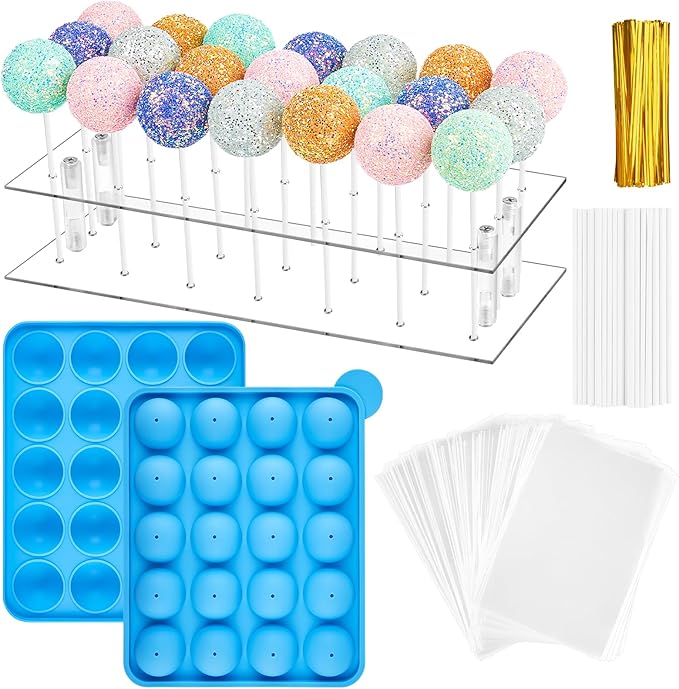 Kucoele Cake Pop Mold Set, Including 21 Hole Clear Acrylic Lollipop Display Stand Holder, 20 Cavity Blue Silicone Cake Pop Mold, Cake Pop Sticks Treats Bags and Twist Ties