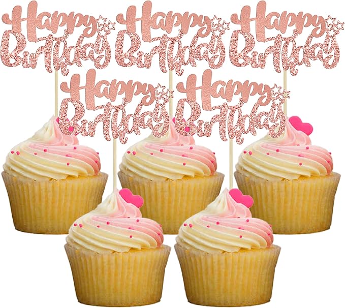 Ephlyn 24Pcs Rose Gold Happy Birthday Cupcake Toppers for Baby Shower, Kids, Boys, Girls Birthday & Anniversary Parties