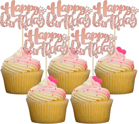 Ephlyn 24Pcs Rose Gold Happy Birthday Cupcake Toppers for Baby Shower, Kids, Boys, Girls Birthday & Anniversary Parties