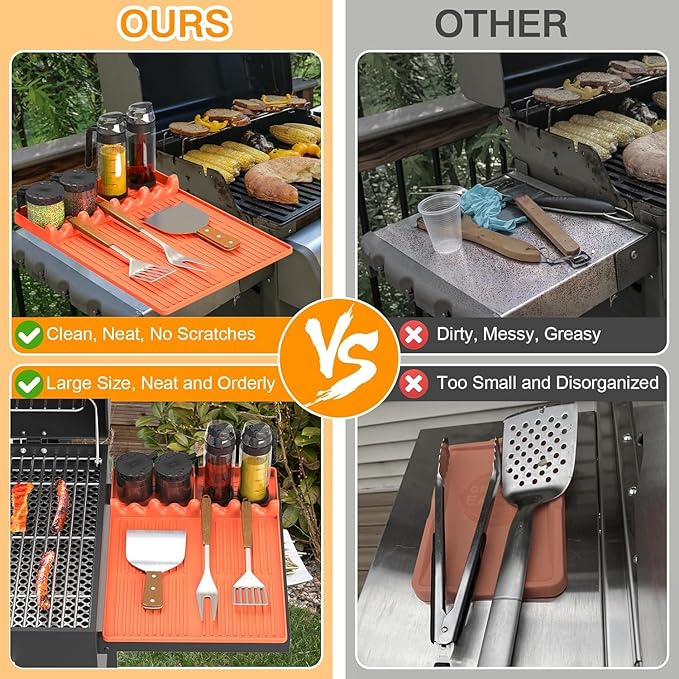 Griddle Mat Compatible with Blackstone, Silicone Grill Tools with Drip Pad, Spatula Mat for Outdoor Grill, Side Shelf Pad (Orange-2Pcs)