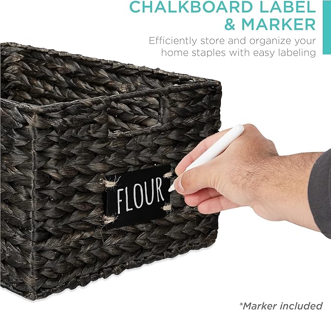 Best Choice Products Pantry Baskets Set of 2 16x12in Water Hyacinth Storage Baskets, Woven Wicker Organizers with handles w/Chalkboard Label Chalk Marker - Black