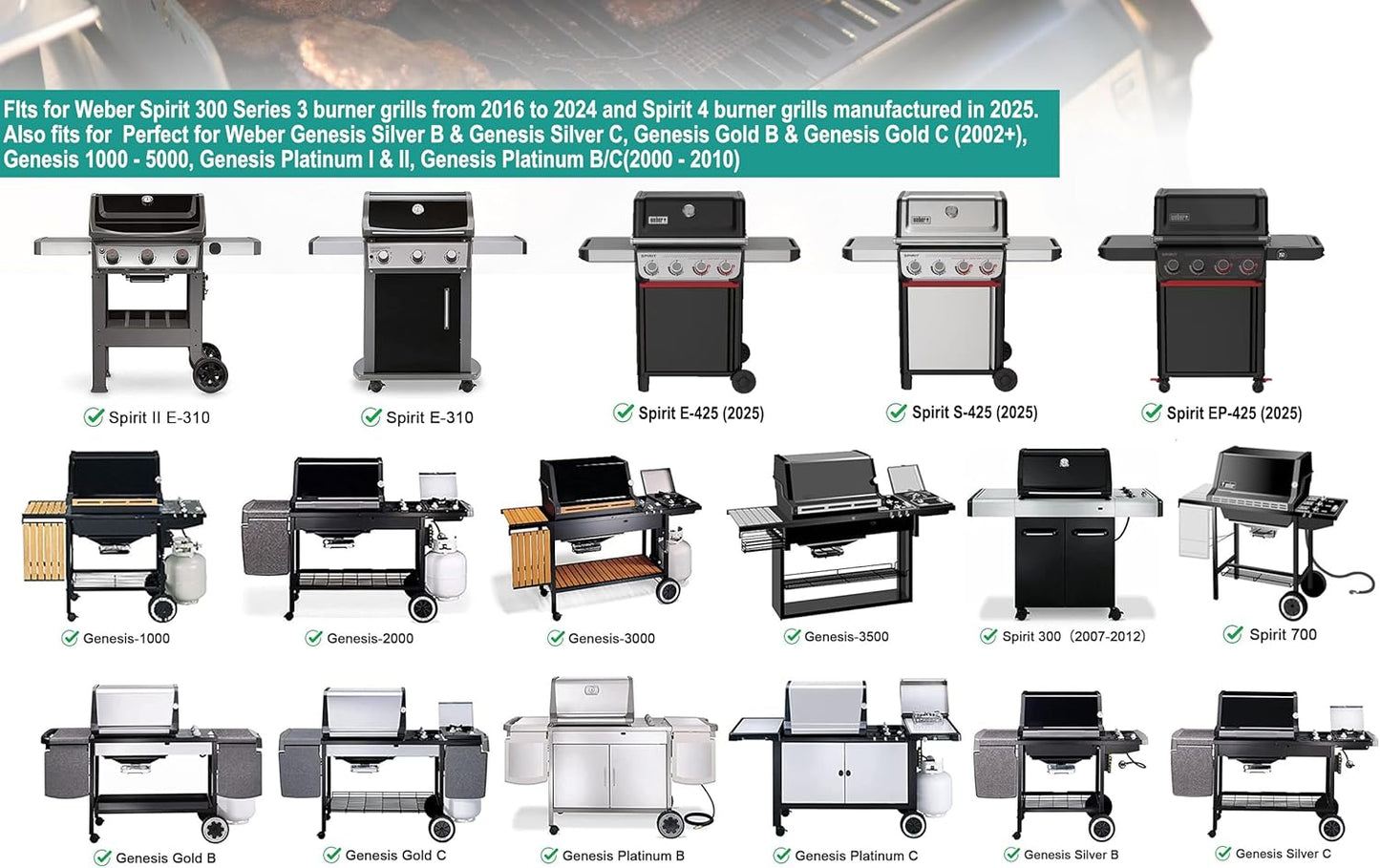 Full-Size Griddle Inserts for Weber Spirit & Spirit II 300 Series, Flat Top Grill Griddle for Weber Spirit S-310 S-320 E-310 E-320 GS4 Spirit II E-310, Rectangular Griddle Replace for 6787