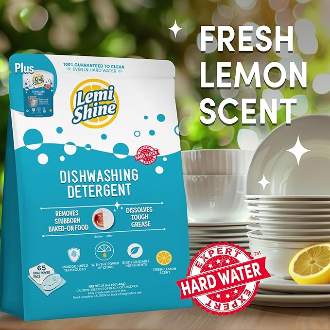 Lemi Shine Natural Dishwasher Detergent Pods + Dishwasher Cleaner 1 ct | All-In-One Powder & Gel Pods with Powerful Citric Acid | Eco Friendly Dish Wash Cleaning Supplies - 65 Count