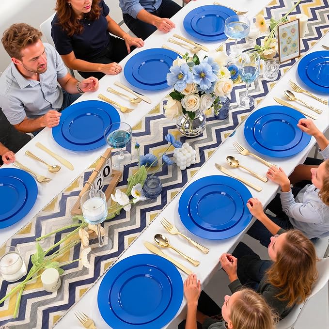 I00000 200 Pcs Blue Plastic Plates, Disposable Party Plates Include 100 Blue Dinner Plate 10’’ and 100 Plastic Dessert Plate 7’’ Perfect for Birthday, Party & Wedding
