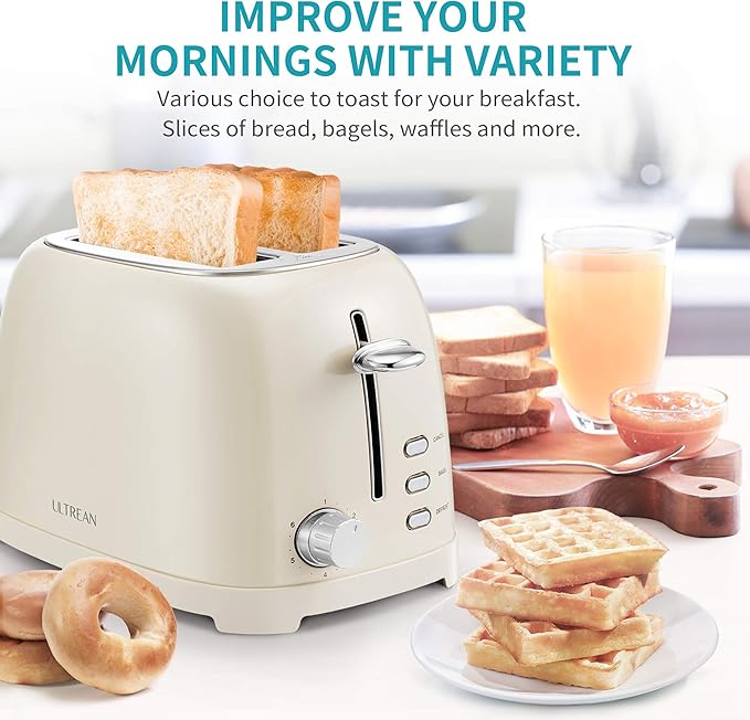 Ultrean Toaster 2 Slice with Extra-Wide Slot for Toasting Bagels, Breads, Waffles & More, Stainless Steel Material with Removable Crumb Tray, 6 Browning Settings