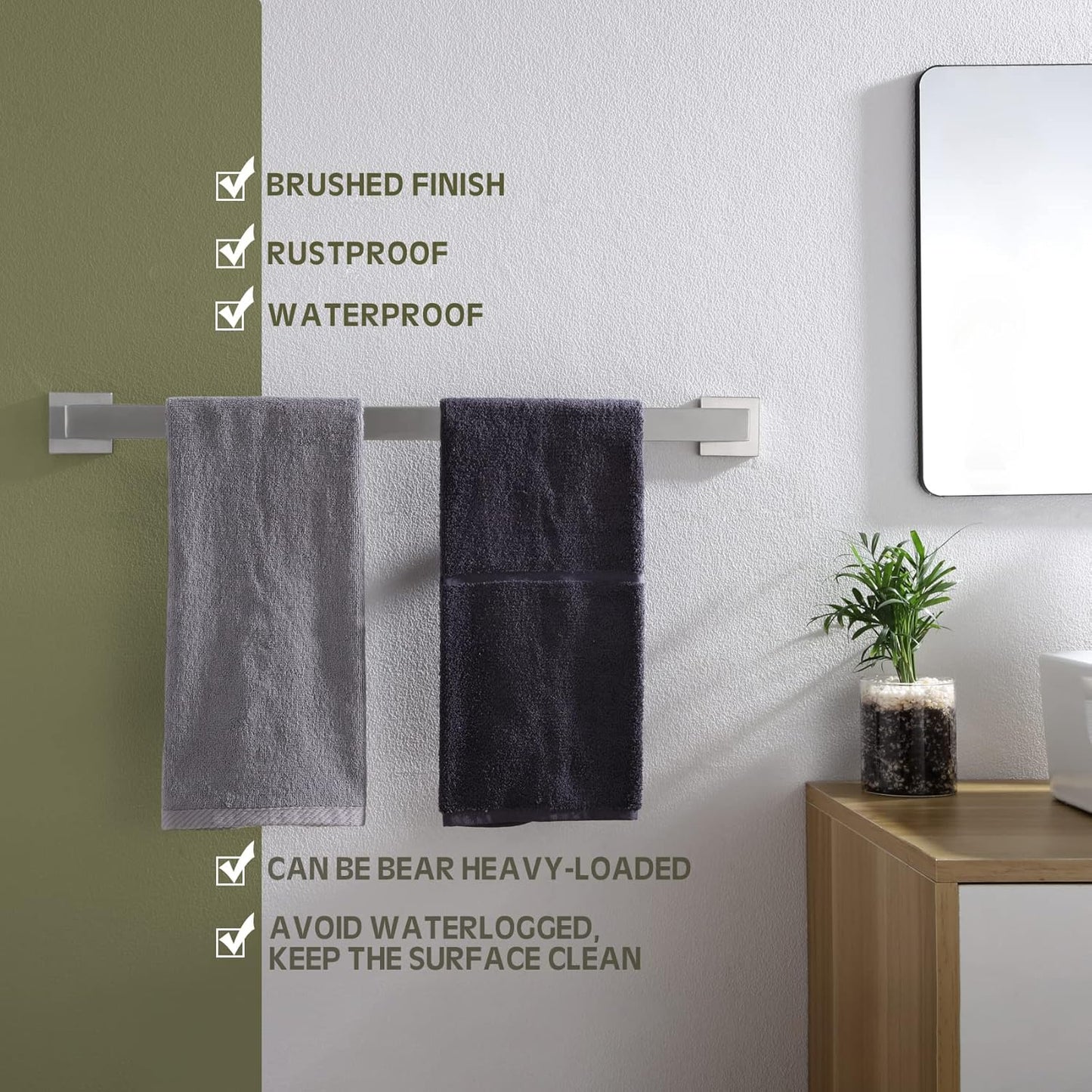 KOKOSIRI 24-Inch Single Towel Bar, Bathroom Kitchen Towel Holder, Wall Mounted SUS304 Stainless Steel Towel Rack, Brushed Nickel, B4003BR-L24