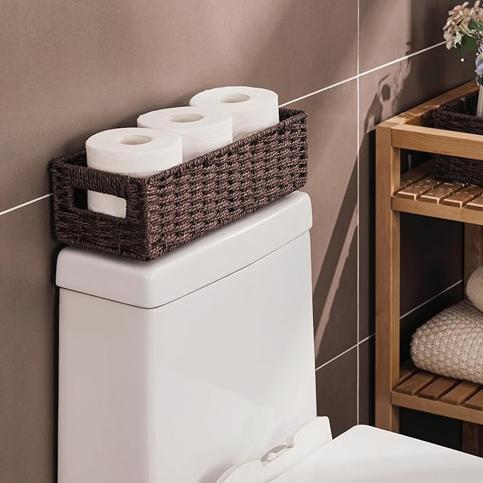 UBBCARE Toilet Tank Basket for Bathroom, Hand Woven Paper Wicker Basket for Organizing, Countertop Decorative Storage Basket with Handles, 2-Pack, Dark Brown