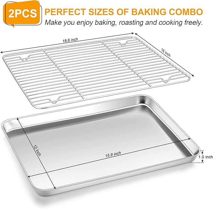 Homikit Baking Sheet with Wire Rack, 16" x 12" Stainless Steel Cookie Sheets for Baking, Thick Metal Baking Tray Jelly Roll Pan with Cooling Rack for Oven Roasting, Nonstick & Dishwasher Safe