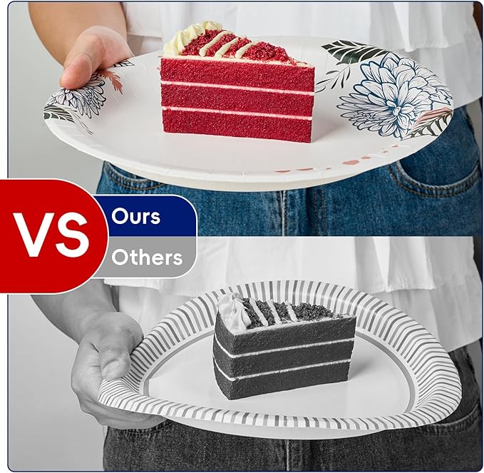 JOLLY CHEF 𝟭𝟰𝟬 𝗖𝗼𝘂𝗻𝘁 𝗣𝗮𝗽𝗲𝗿 𝗣𝗹𝗮𝘁𝗲𝘀 𝟭𝟬 𝗶𝗻𝗰𝗵 Soak Proof, Cut Proof, Heavy Duty Flower Printed Disposable Paper Plates for Everyday Use