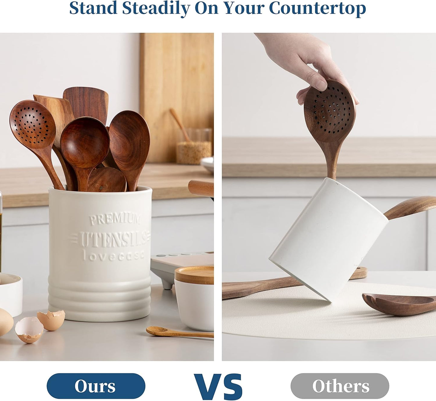 LOVECASA Vintage Utensil Holder for Kitchen Countertop, 7.2” Large Ceramic Utensil Crock for Home Décor, Farmhouse Utensil Vase for Housewarming, Wedding, Birthday Gift - Cream White