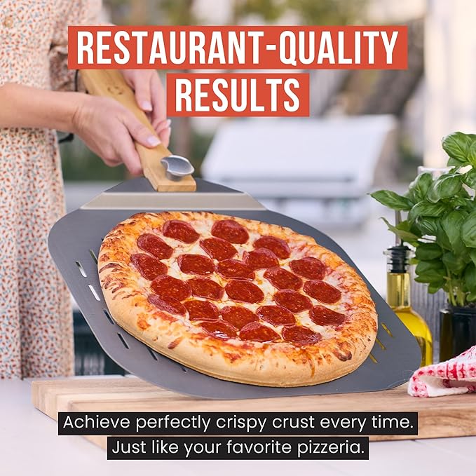 Chef Pomodoro Aluminum Metal Pizza Peel with Foldable Wood Handle for Easy Storage, Pizza Spatula, Gourmet Luxury Pizza Paddle for Baking Homemade Pizza Bread (16 inch)