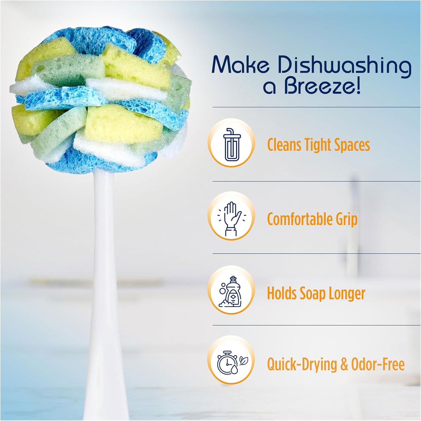 Compac Home Dish SpongeWand Plus Tri Surface Scrubbing Sponge with Cello Foam Scour Sponge Petals, Cleans Dishes, Glassware 360 Scrubber Pads for Tough to Clean Pots Pans, Multi-Color, (Pack of 6)