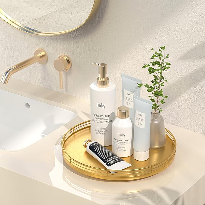 12" Gold Lazy Susan for Table Top, Oak Wood Lazy Susan Turntable Organizer for Dining Coffee Table Centerpiece Bar Decor Kitchen Countertop Bathroom Vanity Decorative Tray for Perfume Jewelry Round