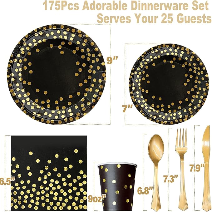 AIRE 175PCS Black and Gold Plates Party Supplies Dinnerware Sets for 25 Guests, Disposable Paper Party Plates, Dessert Plates, Cups, Napkins, Plastic Spoons, Forks, Knives for Wedding, Birthday