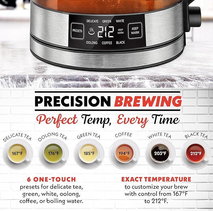 Gourmia Programmable Digital Glass Kettle – 1.7L Adjustable Temperature Electric Kettle with 6 Presets, Keep Warm, Stainless Steel Tea Infuser, 360° Swivel Base - Black