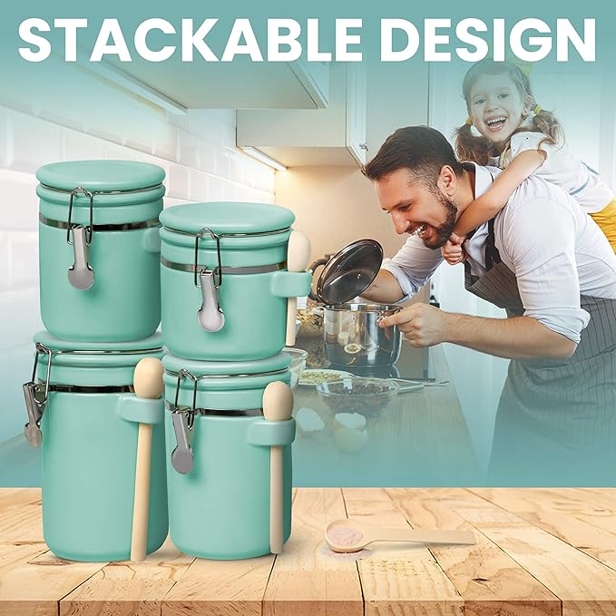 Home Intuition 4-Piece Ceramic Kitchen Canisters Set, Airtight Containers with Wooden Spoons Reusable Chalk Labels and Marker for Sugar, Coffee, Flour, Tea (Turquoise)