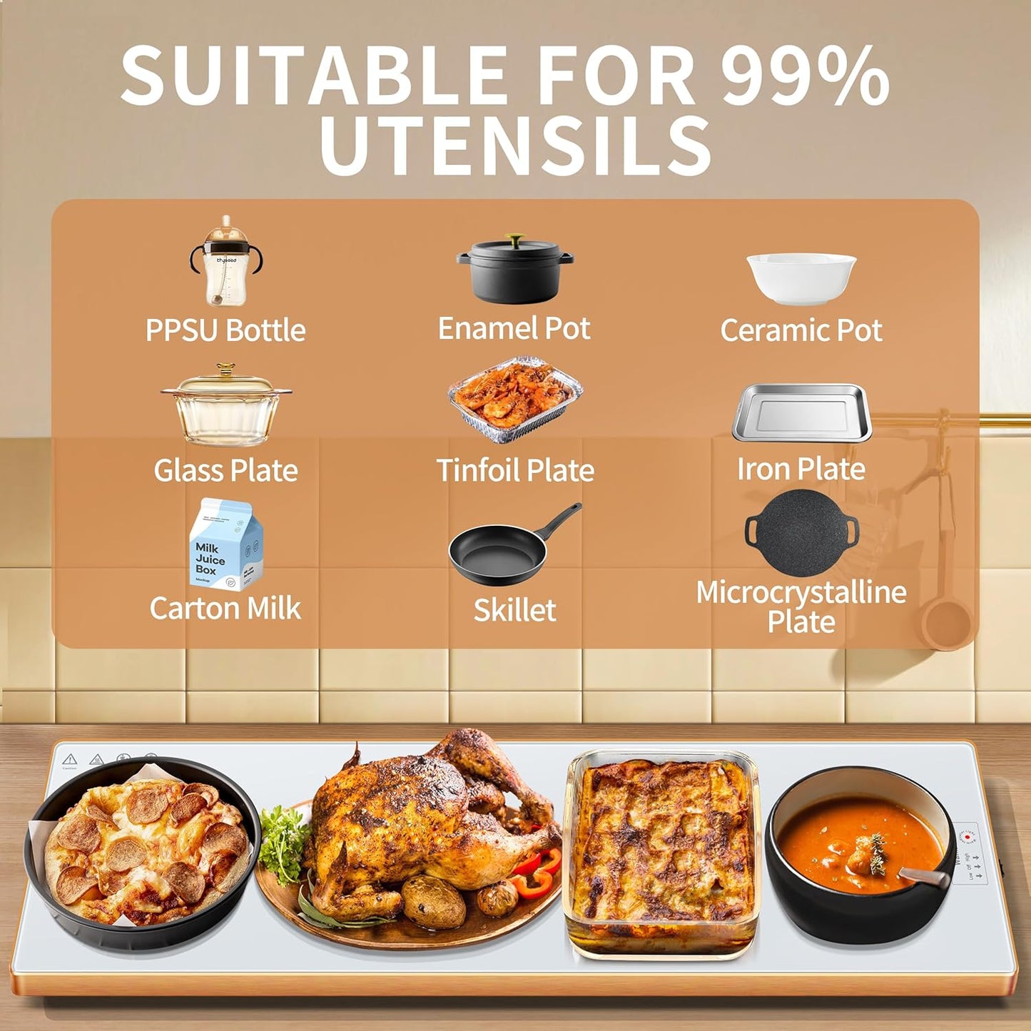 Electric Warming Tray (Extra Long 40"x12")，Food Warmers for Parties Buffet with Thermostat & Full Surface Heating, Tempered Glass Warming Mat for Food, Temperature Adjustable Food Warming Mat, White