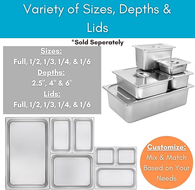 BIRDROCK HOME Stainless Steel Steam Table Pan - Hotel, Restaurant & Catering Supplies - 24 Gauge Steel, 1.8 qt Capacity - Meal Prep, Cooking, & Food Storage Container - 4" Depth, 1/6-Size (6 Pack)