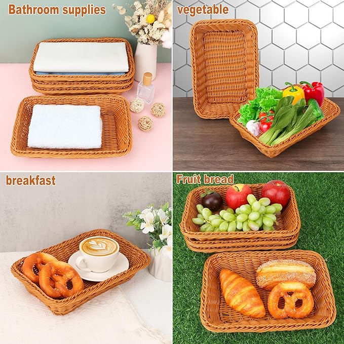 6 Pack 12 Inch Brown Poly Wicker Bread Baskets, Rectangular Wicker Bread Basket, Imitation Rattan Wicker Fruit Baskets for Table, Candies, Crackers, Fruit, Vegetables, Restaurant,Home Kitchen