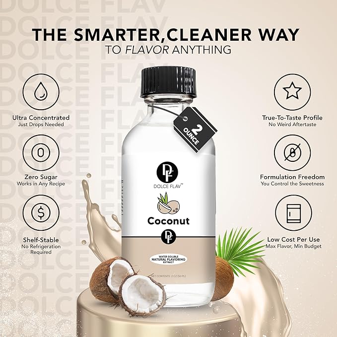 Dolce Flav Natural Coconut Extract – 2 Ounce Water-Soluble Kosher, Sugar-Free, Concentrated Tropical Coconut Flavoring for Baking, Beverages & Desserts, Includes Measured Dropper