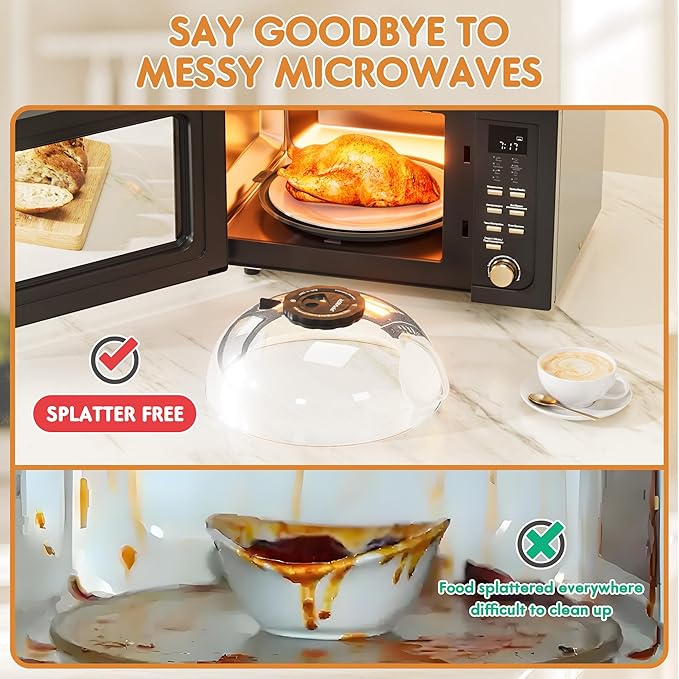 Microwave Splatter Cover for Food, Plastic Microwave Cover with Water Steamer and Integrated Handle, 10 Inch Splatter Guard Lid with Plate, Kitchen Gadgets & Accessories (Black, 10 inch)