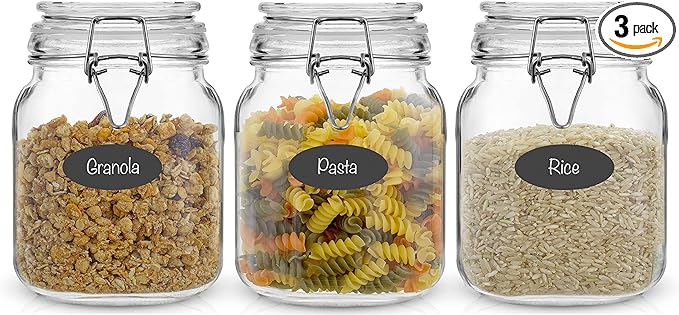 JoyJolt Airtight Glass Jars with Lids Set of 3. 32oz Glass Jar with Lid and 6 Silicone Seals! Med Glass Food Storage Containers. Square Mason Jar, Candy Jar, Sugar Jar, Pasta Containers for Pantry