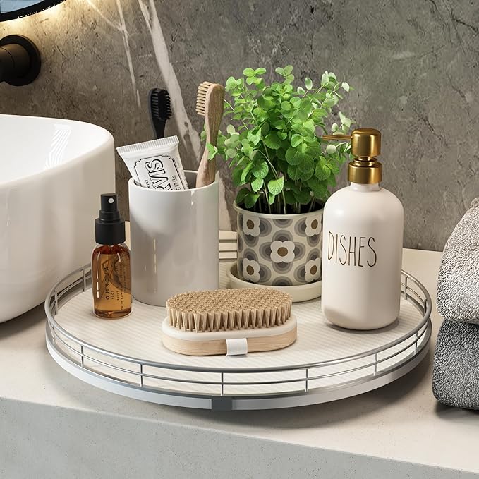 13" Lazy Susan Turntable Organizer for Table Top, Round Wooden Lazy Susan for Cabinet Kitchen Decor Centerpieces Coffee Table, Storage Condiments Spices, Bathroom Vanity Tray for Soap, White