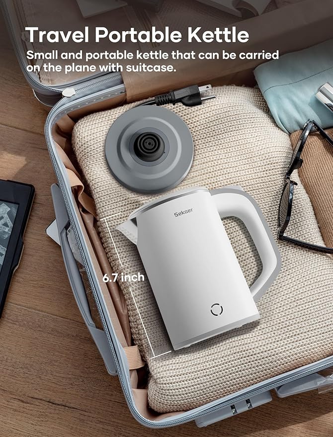 Sekaer Small Electric Tea Kettle Stainless Steel 0.8L Portable Travel Hot Water Boiler, Mini Electric Coffee Kettle with Auto Shut-Off & Boil Dry Protection, Cordless Base & White