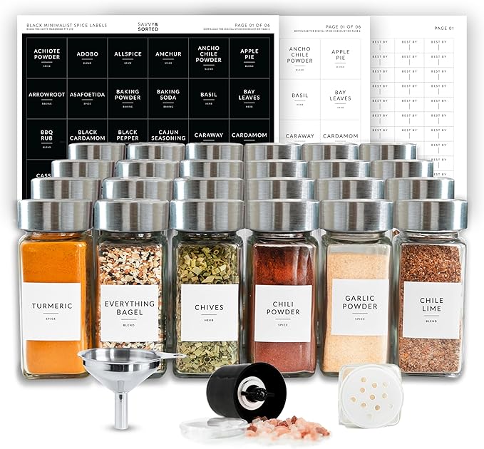 SAVVY & SORTED Glass Jars with 24PK 4oz Containers for Herbs and Seasonings – Includes Pepper Grinder, 374 Labels, Funnel, Shaker Lids & Empty Bottles