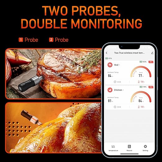 AlfaBot Wireless Meat Thermometer with 2 Meat Probes, 520 FT Bluetooth Meat Thermometer with Digital Food Thermometer for Remote Monitoring of BBQ Grill, Oven