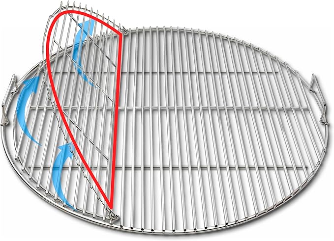 SnS Grills Slow ‘N Sear EasySpin Charcoal Grill Cooking Grate - Compatible with Weber and Other Grills, 2-Zone Stainless Steel Hinged Replacement - Tailgating & Backyard Cooking - 26” Inches