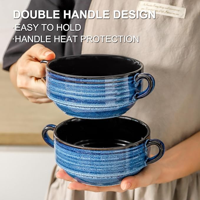 Hasense Soup Bowls, 20 oz French Onion Soup Bowls with Handle Set of 6, Serving Soup Crock for Stew, Pasta, Chili, Stackable Oven Safe Bowls, Microwave Dishwasher Safe, Blue