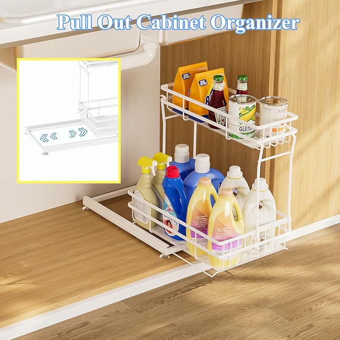 1 Pack Under Sink Organizers and Storage, 2 Tier Pull Out Cabinet Organizer, Metal Sliding Drawer Storage for Kitchen Bathroom，White
