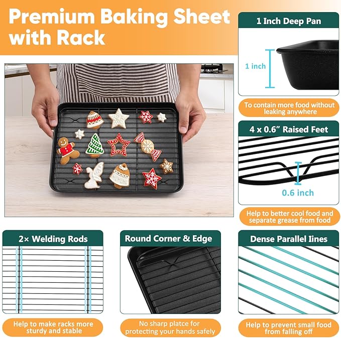 P&P CHEF Baking Oven Sheet Pan with Rack for Cookie, Nonstick Oven Tray and Cooling Rack for Baking & Roasting, Easy Clean, Black, 12.4 x 9.7 Inch
