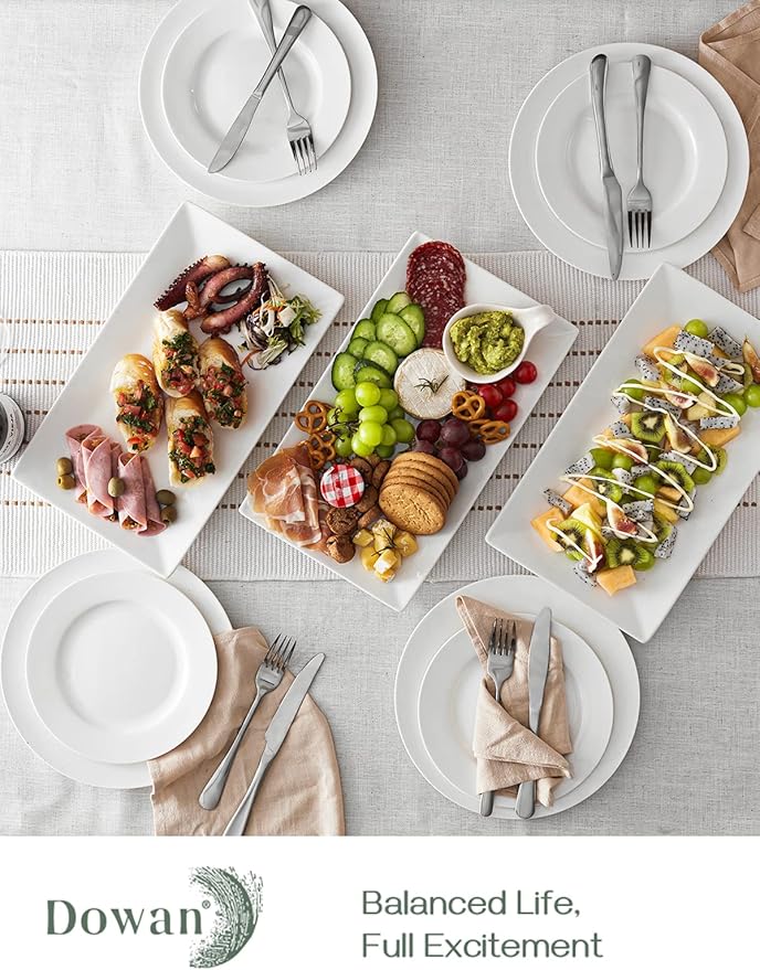 DOWAN 14" Serving Trays, Serving Platters, Ceramic Serving Platters and Trays, Rectangle Plates, Set of 3, for Weddings, Parties, Oven, Microwave, Dishwasher, Heat Resistant, Easy to Clean, White