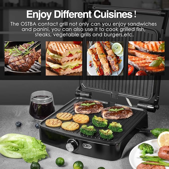 OSTBA Panini Press Grill with Adjustable Temperature,4-Slice Indoor Grill, 180° Open Sandwich Maker with Drip Tray, Non-Stick Plates, Stainless Steel, 1200W