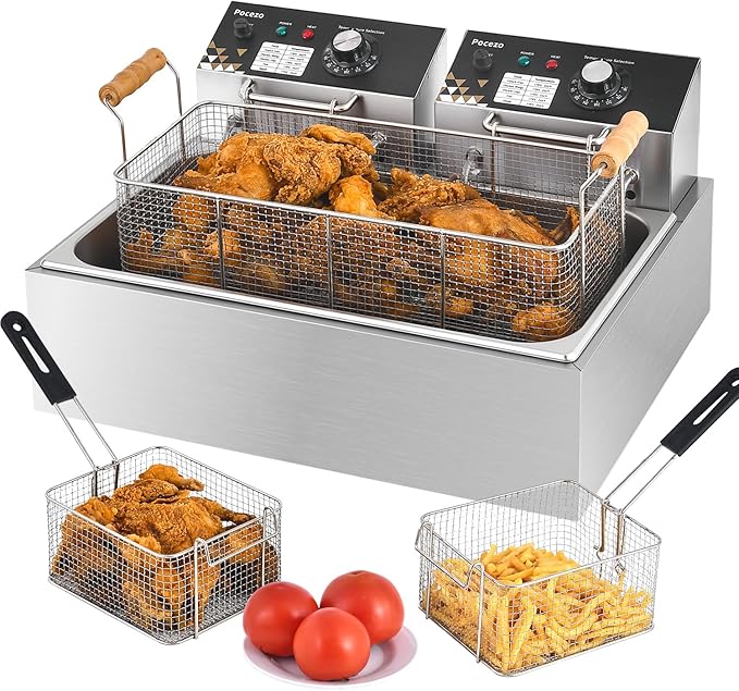 Deep Fryer with Basket, 22.6L/24QT Stainless Steel Countertop Electric Fryer for Home and Commercial Use, Oil Fryer with Temperature Control and Double Overheat Protection