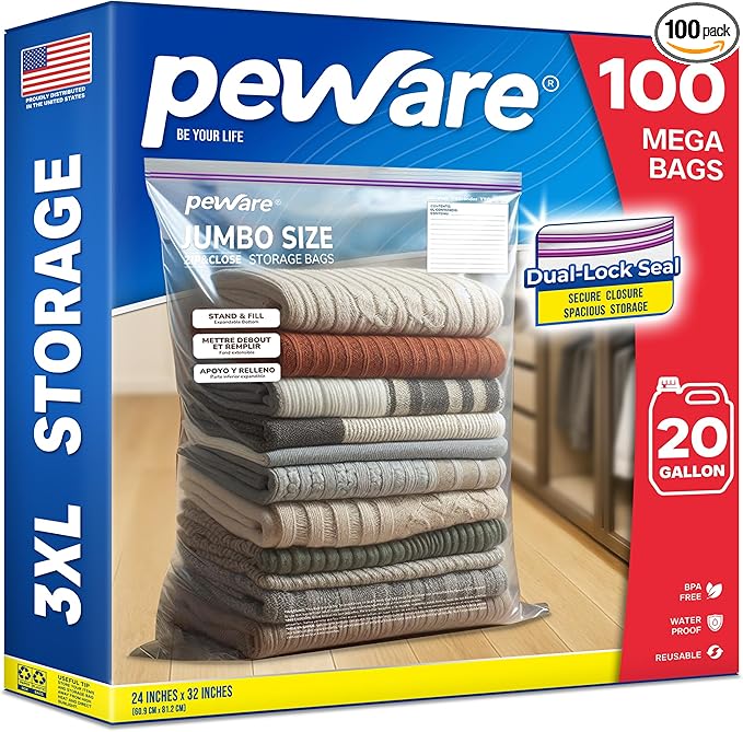 Large Storage Bags, 24"x32" Jumbo Plastic Bag, BPA Free, 20 Gallon 3X Zipper Lock Baggies for Clothes Pillow Travel Moving - 100 Mega Bags