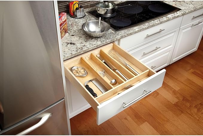 Rev-A-Shelf Trim-to-Fit Silverware Drawer Organizer For Kitchen Utensils, Cutlery Cabinet Storage Divider Insert, 23.98 x 21.97 In, Maple Wood, 4WUT-3