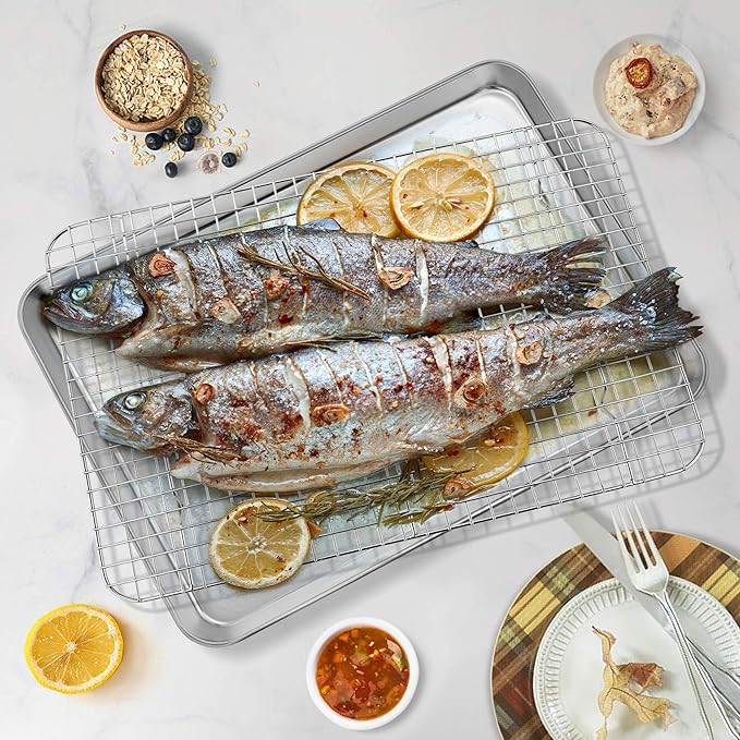 P&P CHEF 16 Inch Baking Sheet and Rack Set, Stainless Steel Cookie Sheets Oven Baking Pans Trays with Cooling Racks for Cooking & Roasting, Oven & Dishwasher Safe, (2Pcs)