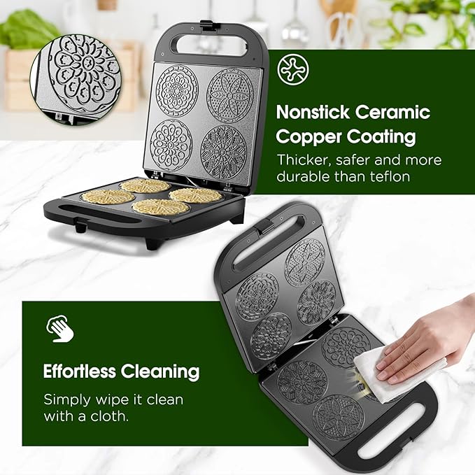 Pizzelle Maker Machine, Mini Non-stick Electric Pizzelle Cookie Baker for Holiday, Party, Treat (Ceramic Coating, 4 * 4")