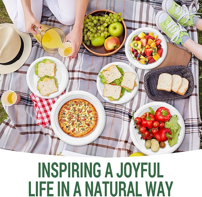 50 Compostable Paper Plates, Includes 25-9" & 25-7" Heavy Duty Disposable Plates, Biodegradable Sugarcane Bagasse, White