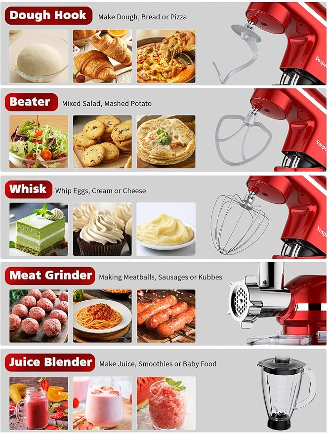 Vospeed 9 IN 1 Stand Mixer, 850W Tilt-Head Multifunctional Electric Mixer with 8 QT Stainless Steel Bowl, 1.5L Glass Jar, Meat Grinder, Hook, Whisk, Beater Dishwasher Safe (Red)