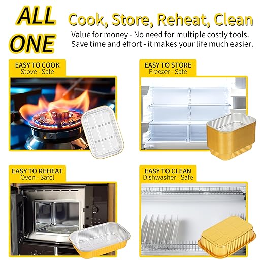 Aluminum Pans with Lids Heavy Duty (40 Pack + 40 Lids, 8.7"×6") 2.25 LB Capacity Foil Food Containers with Lids, Disposable Tin Foil Pans with Lids for Baking, Meal Prep, Freezer, Heating and Takeout