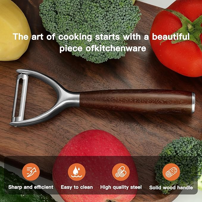 Serrated Blade Premium Y Type 304 Stainless Steel Multifunctional Kitchen Peeler Real Wood Handle Ultra Sharp Blade Vegetable Potato Apple(Carbonized Wood)