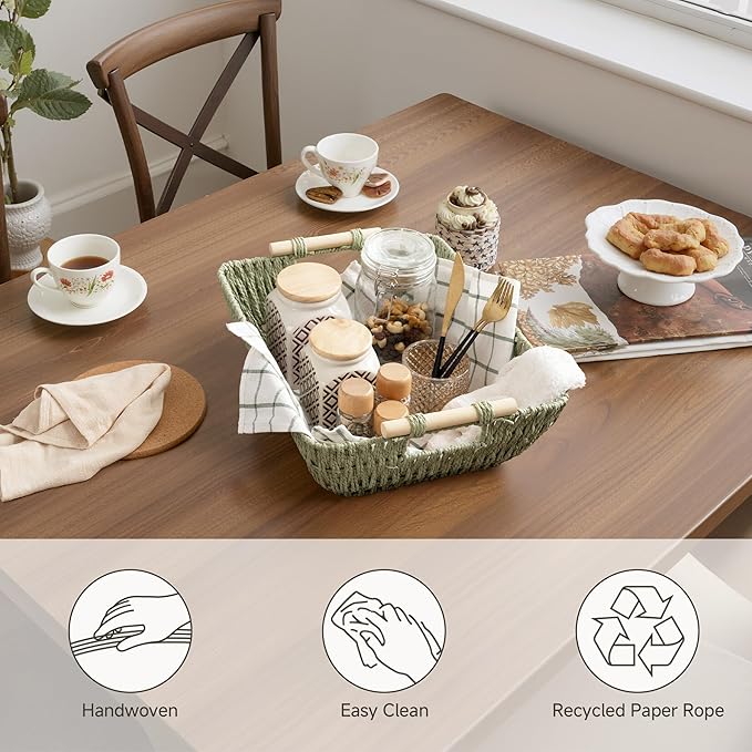 StorageWorks Extra Large Wicker Storage Basket for Organizing with Wooden Handles, Toilet Paper Baskets for Bathroom, Bosana Green, 2-Pack