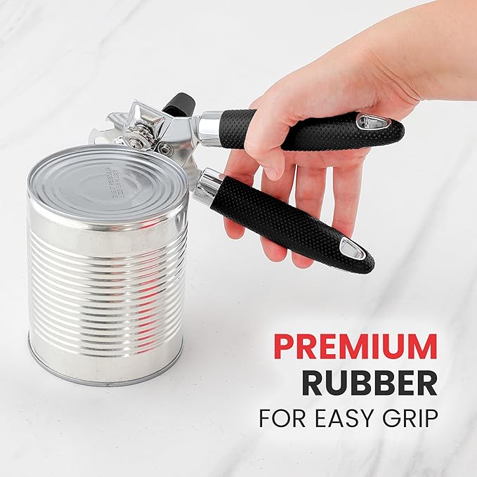 Zulay Kitchen Heavy Duty Stainless Steel Can Opener Manual with Large Bottle Opener - Manual Can Opener with Turn Knob with Soft Grip Handles - Black