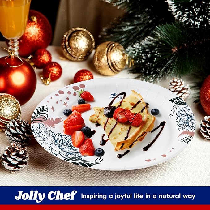 JOLLY CHEF 280 Count Paper Plates 8 inch Soak Proof, Cut Proof, Heavy Duty Flower Printed Disposable Paper Plates for Everyday Use, Thanksgiving, Christmas Day